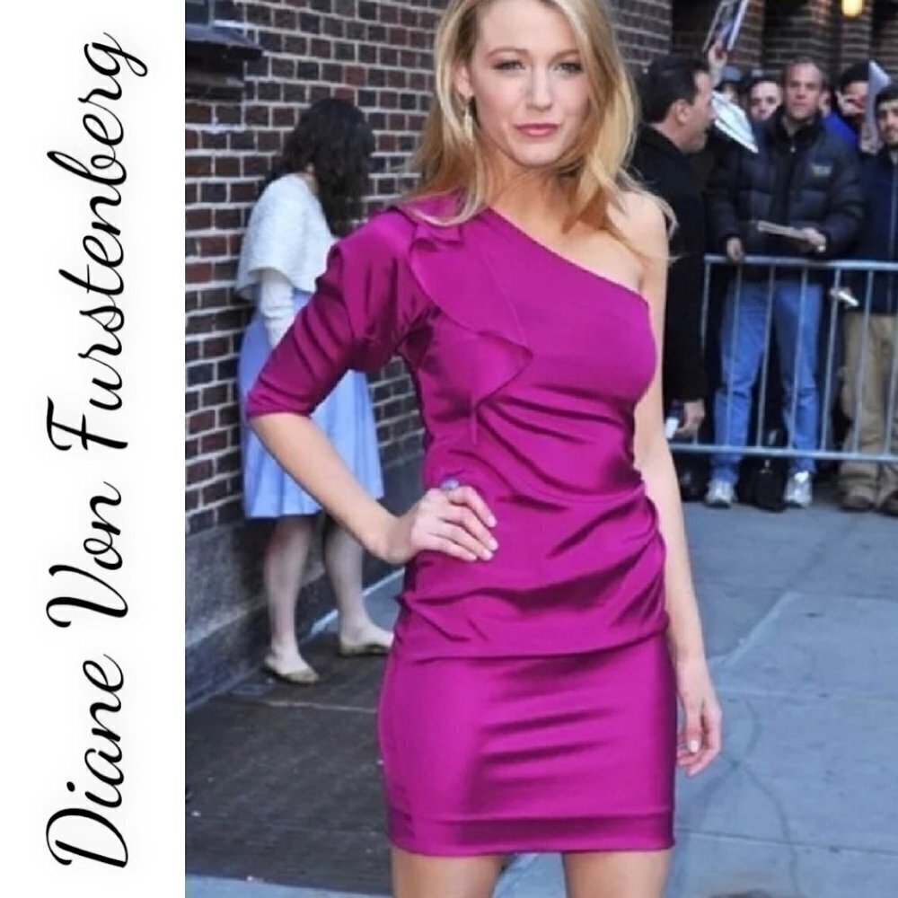 DIANE VON FURSTENBERG Cobb Magenta Pink One Shoulder Silk Mini Cocktail Dress, 8
